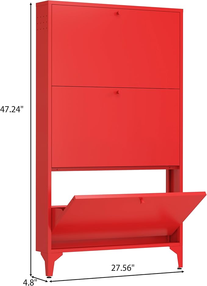Shoe Cabinet with 3 Flip Drawers, Narrow Shoe Storage Cabinet, Farmhouse Shoe Organizer, Freestanding Organizer with Metal Legs for Entryway, Foyer (3 Door, Red)