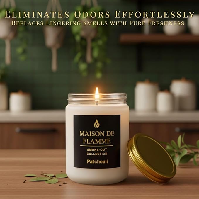 Patchouli Odor-Eliminating Scented Candle, 200g/7oz White Jar – Long-Lasting Soy Wax Blend Candle for Smoke, Kitchen & Home Odors