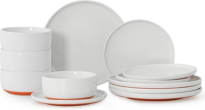 12 Piece Dinnerware Sets for 4, Dual Glaze Stoneware Plates and Bowls Set, Microwave and Dishwasher Safe, Stardust Glaze White