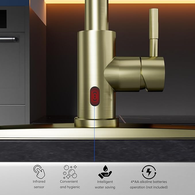 DAYONE Brushed Gold Touchless Kitchen Sink Faucets with Soap Dispenser, Pull Down Smart Hands-Free Spring Faucet for Kitchen Sink Motion Sensor Touch Faucet High Arc