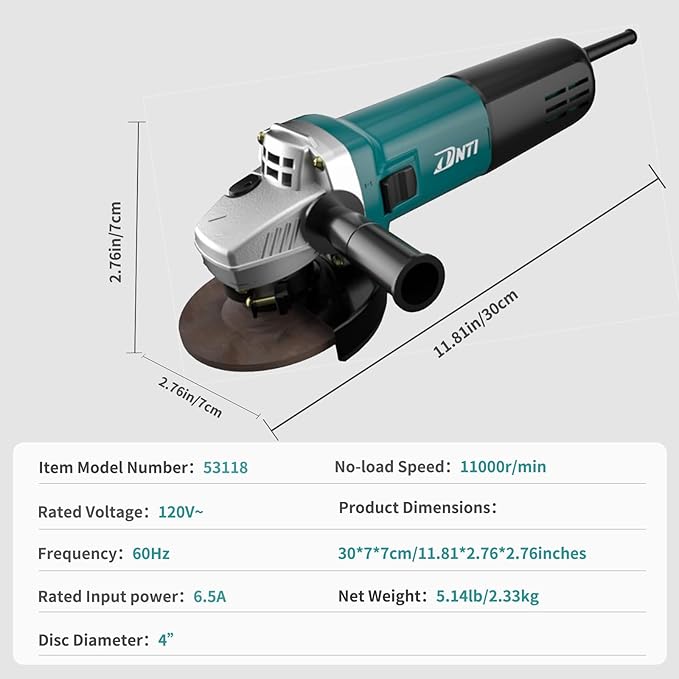 DNTI Power Angle Grinder 4inch 6.5-Amp,11000RPM Electric Grinder power Tools with Cutting Grinding Wheels,Lever,Auxiliary Handle and Grinding Wheel Shield for Metal and Rust Removal 53118