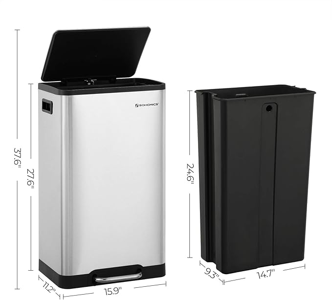 SONGMICS Trash Can, 12-Gallon Pedal Garbage Can, Stainless Steel Step Bin, Plastic Inner Bucket and Lid, Soft Closure, Fingerprint Proof, for Kitchen, Living Room, Silver ULTB007E01