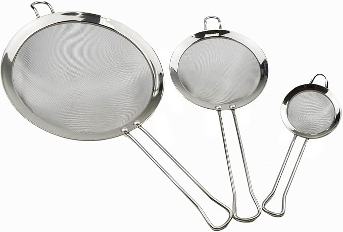 Stainless Steel Mesh Strainer with Straight Handle - Round Sieve Colander (1, 3 + 5.5 + 8 inches)
