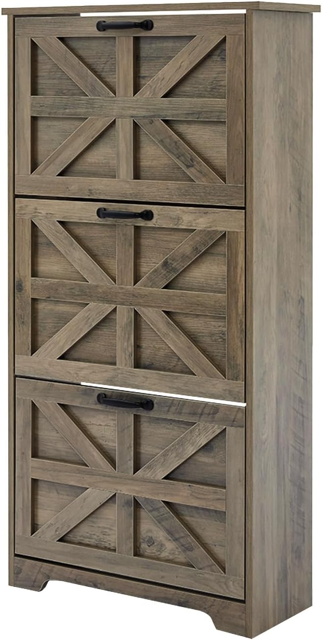 Shoe Storage Cabinet with 3 Flip Drawers, Farmhouse Shoe Organizer with Barn Door Design, Space-Saving Hidden Narrow Shoe Rack Cabinet for Entryway, Hallway & Foyer，White