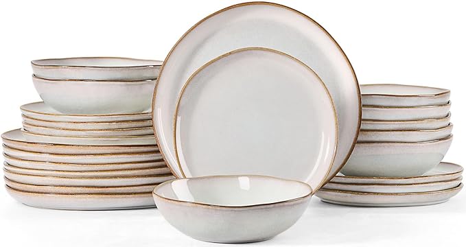 Herogo 24Pcs Plates and Bowls Dinner Set, Stoneware Dinnerware Dishes Sets for 8, Ceramic Dishware Tableware Includes Dinner Salad Plates, Soup Bowls, Microwave & Dishwasher Safe, Pearl White