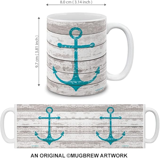 MUGBREW White Rustic Wood Anchor Ceramic Coffee Mug Tea Cup, 11 OZ