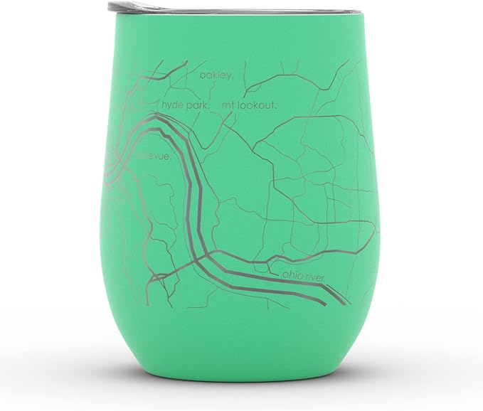 Well Told Engraved Cincinnati Ohio Map Insulated Wine Tumbler, Etched Stainless Steel Cup (12 oz, Sunday Green) City Map Insulated Tumbler, Custom Insulated Tumbler, Outdoor Drinkware