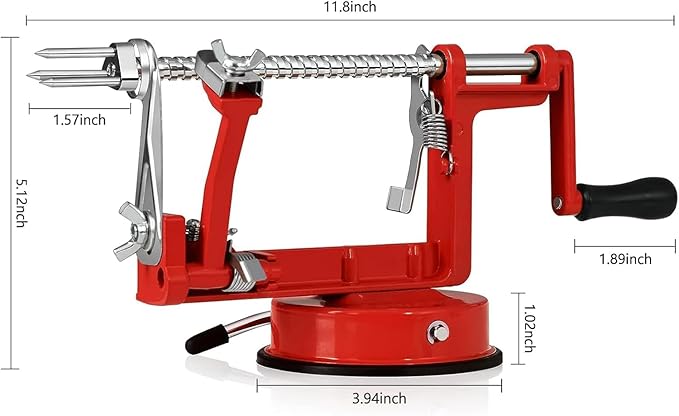 Apple Peeler Corer, Long lasting Chrome Cast Magnesium Alloy Apple Peeler Slicer Corer with Stainless Steel Blades and Powerful Suction Base for Apples and Potatoes(Red)