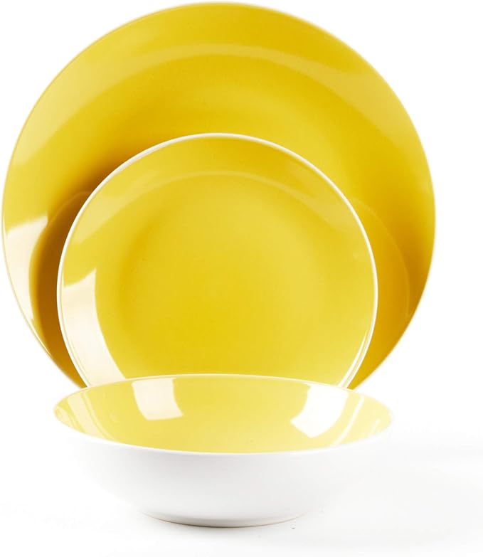 Stoneware Coupe Shape 18pc Dinnerware Set, Outside White + Inside Yellow
