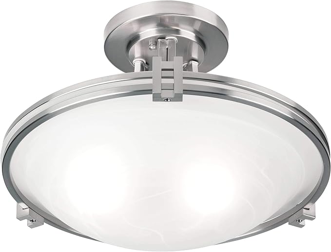 Possini Euro Design Deco Modern Ceiling Light Semi Flush-Mount Fixture 16" Wide Brushed Nickel 2-Light White Marbleized Glass Bowl Shade for Bedroom Kitchen Living Room Hallway Dining Bathroom