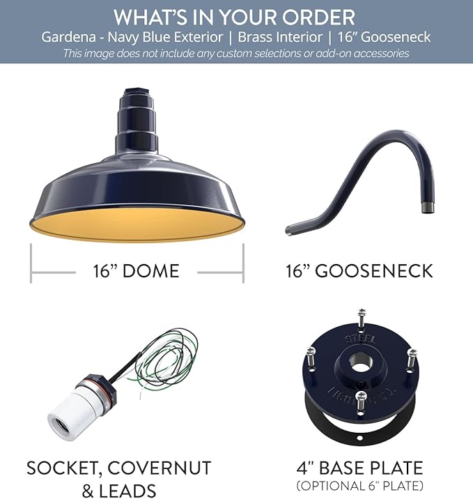 Steel Lighting Co. | Dusk to Dawn | Gardena Barn Light | Outdoor Wall Mounted | 16" Dome | 16" Gooseneck | Farmhouse Light Made in America | Navy Blue/Brass