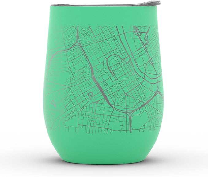Well Told Engraved Nashville Tennessee Map Insulated Wine Tumbler, Etched Stainless Steel Cup (12 oz, Sunday Green) City Map Insulated Tumbler, Custom Insulated Tumbler, Outdoor Drinkware
