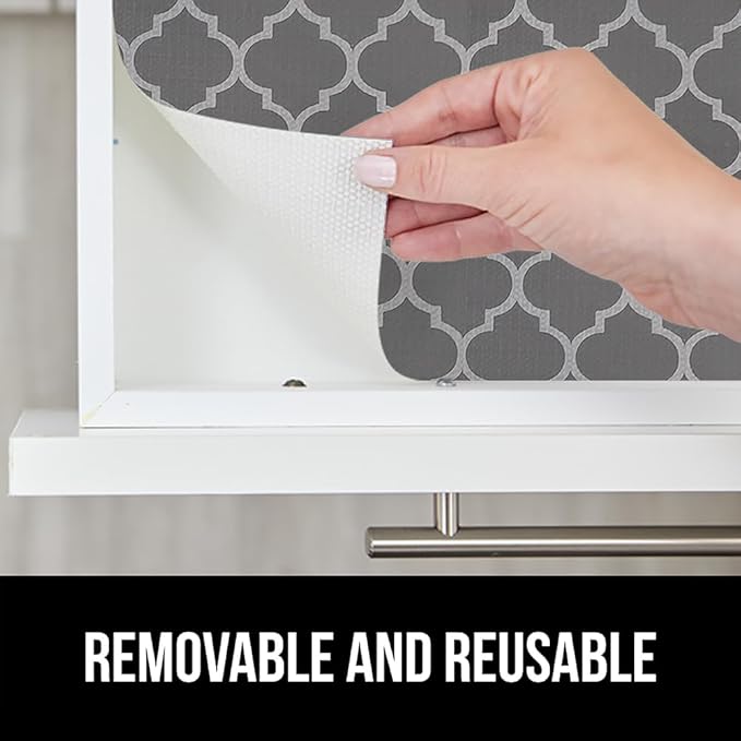 GORILLA GRIP DripGuard Shelf Liner, Non Adhesive Drawer and Kitchen Cabinet Protector, Slip Resistant BPA Free Smooth Surface Plastic Liners for Cabinets, Bathrooms, Closets, 17.5x240 Inch, White Gray