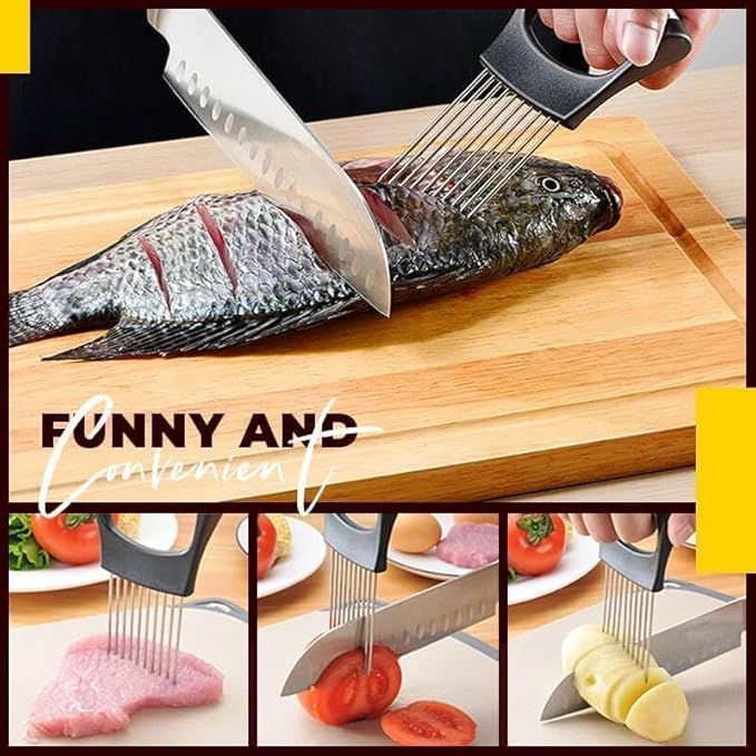 Onion Slice Holder, 2025 Upgraded Stainless Steel Onion Holder for Slicing Lemon Slicer Vegetable Cutter, Kitchen Chopper Slicing Assistant Tool for Meat, Onion, Potato, Tomato (1, A)