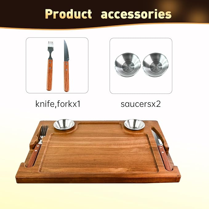 Acacia Wooden Steak Plates Board for Eating Set of 2,15.7" Meat Cutting Boards for Steak Food Serving Tray with Fork, Knife & Ramekins,Charcuterie Platter for Kitchen, BBQ & Entertaining
