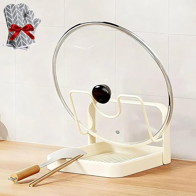 Kitchen Pot Lid Storage Rack, 2026 New Upgrade Kitchen Pot Lid Storage Rack with Tray For Counter, Three Layer Multifunctional Kitchens Pots Lids Holder Organizer (White, Single - Countertop)