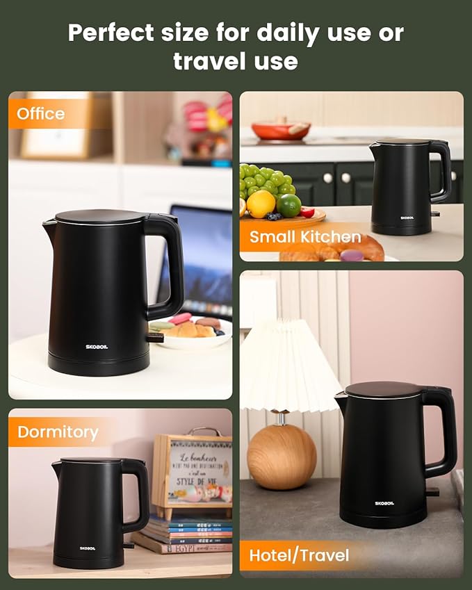 Electric Kettle Small for Tea & Coffee, 0.8L (27OZ) Double Wall Stainless Steel Hot Water Boiler, Fast Boiling Water Heater & Teapot with Auto Shut-Off, Boil-Dry Protection