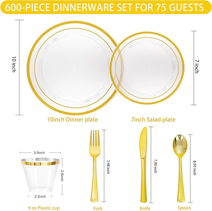 WELLIFE 600 PCS Clear Gold Disposable Dinnerware Set for 100 Guests, Clear and Gold Plastic Plates, Gold rimmed Plastic Dinner & Salad Plates,Cups,Silverware Set for Wedding