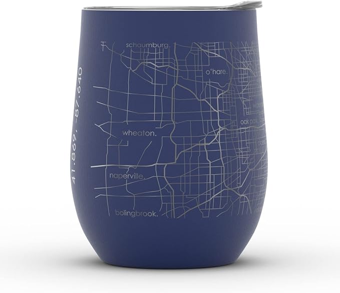 Well Told Engraved Chicago Illinois Map Insulated Wine Tumbler, Etched Stainless Steel Cup (12 oz, Midnight Blue) City Map Insulated Tumbler, Custom Insulated Tumbler, Outdoor Drinkware