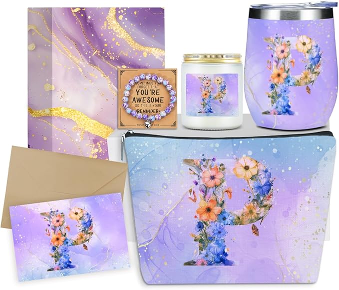 Personalized Gifts for Women Monogrammed Birthday Gifts for Women, Wife Girlfriend Wedding Christmas, Initial Wine Tumbler Makeup Bag Scented Candle Bracelet Set, (Aesthetic Purple Flower P)