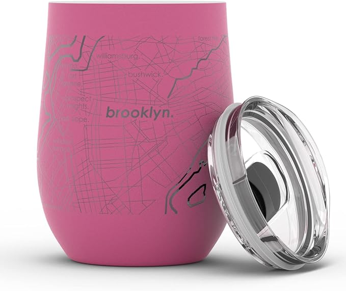 Well Told Engraved Brooklyn New York Map Insulated Wine Tumbler, Etched Stainless Steel Cup (12 oz, Sunset Pink) City Map Insulated Tumbler, Custom Insulated Tumbler, Outdoor Drinkware