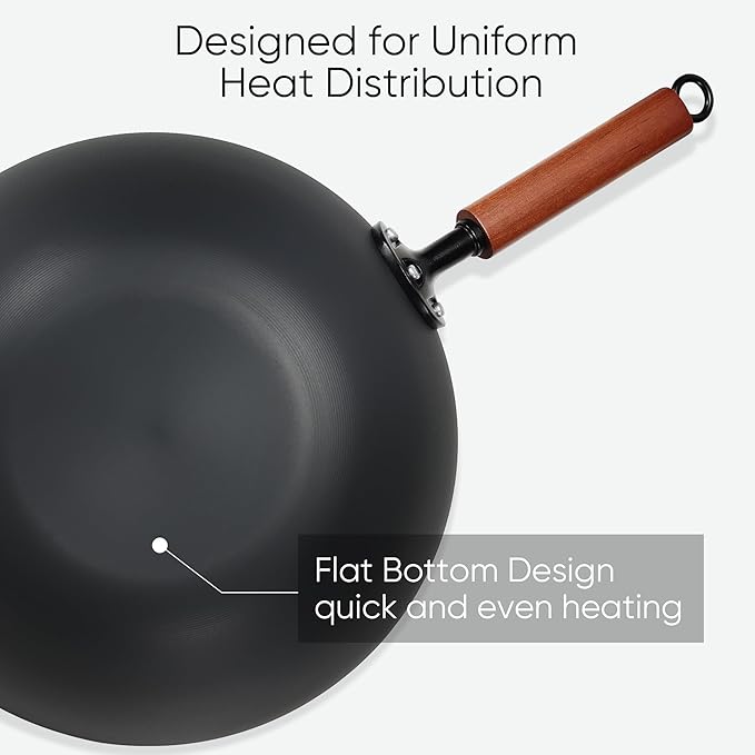 CAROTE 12" Carbon Steel Wok Pan, 4.5QT Woks & Stir-fry Pans, No Chemical Coated Pre-Seasoned Flat Bottom Wok with Lid for Stir Fry, BBQ, Grill & Camping, All Stovetop Compatible, Black