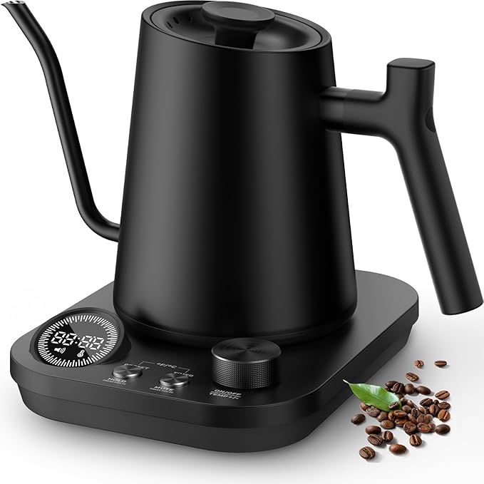 Silonn Gooseneck Kettle, Electric Kettle with ±1°F Precise Temperature Control, Pour-Over Coffee,212°F Hold for 4-Hour Warmth, LED Brew Timer and 7 Presets, 304 Stainless Steel Kettle, 1200W/0.9L