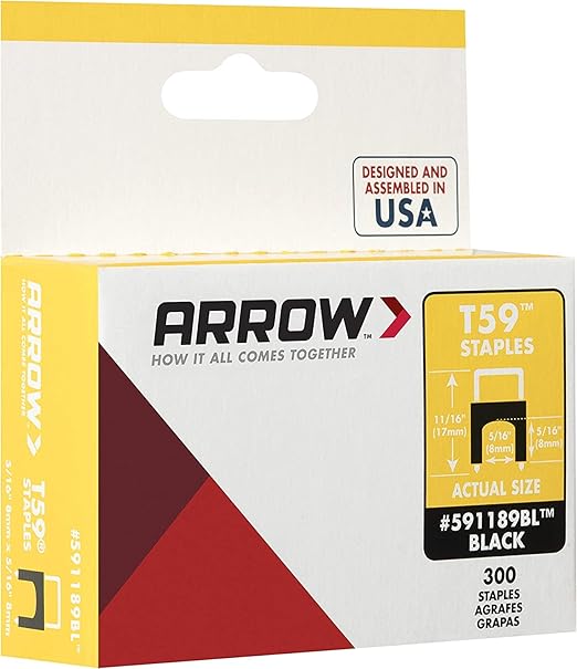 Arrow 591189BLSS Genuine T59 Stainless Steel 5/16-Inch Leg Length by 5/16-Inch Crown Width Insulated Staples for Cable and Wiring, Black, 300 Count