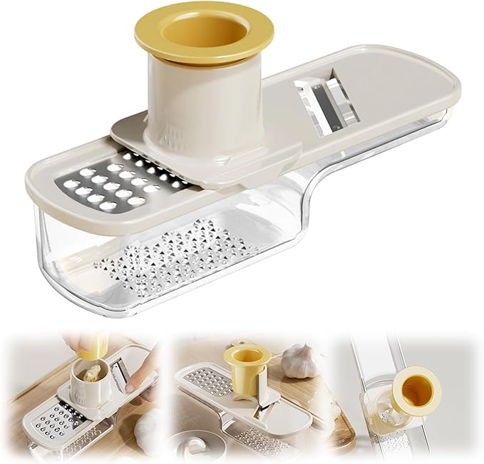 Multifunctional Garlic Grinder & Mandoline Slicer,2025 New Mini Ginger Garlic Grinding Planer Chopper Hand Press Vegetable Mandoline Cutter Tool with Container (Creamy/1PCS)