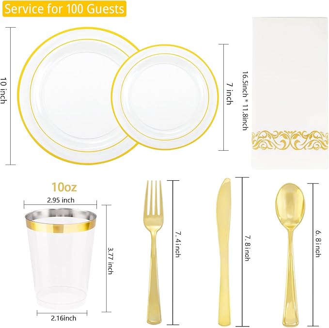 700 Pieces Gold Dinnerware Set - 100 Guests Clear Disposable Dinnerware Set for Party, Wedding, Include: 200 Clear Plates with Gold Trim, 100 Cups, 100 Napkins, 100 Plastic Silverware Sets