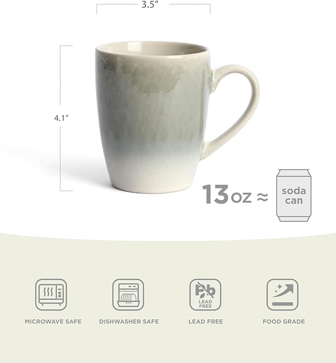 famiware Coffee Mugs Set, 13 oz Mug Set of 6, Stoneware Cups for Latte, Hot Tea, Mocha, Cocoa, Cappuccino, Microwave and Dishwasher Safe, Glacier Series, Sage Green