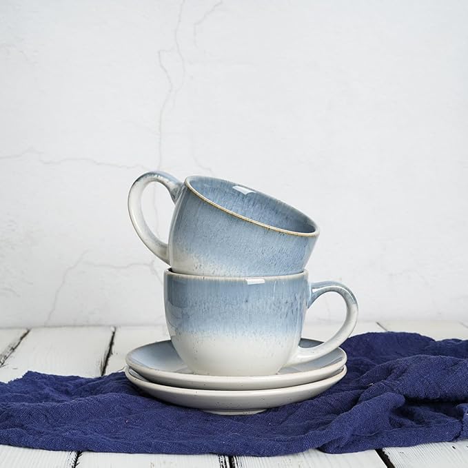 Bosmarlin Ceramic Cappuccino Cup and Saucer Set of 2, 10 Oz, Dishwasher and Microwave Safe, Coffee Cups for Latte, Espresso, Tea, Reavtive Glaze (Blue)