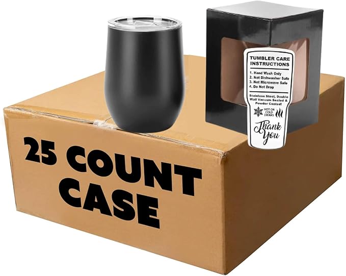 makerflo 12 oz Black Powder Coated Wine Tumbler with Leak-Proof Clear Lid - Pack of 25, Ideal for Craft and Personalization (Laser Engraving, UV DTF, Epoxy, and Vinyl)