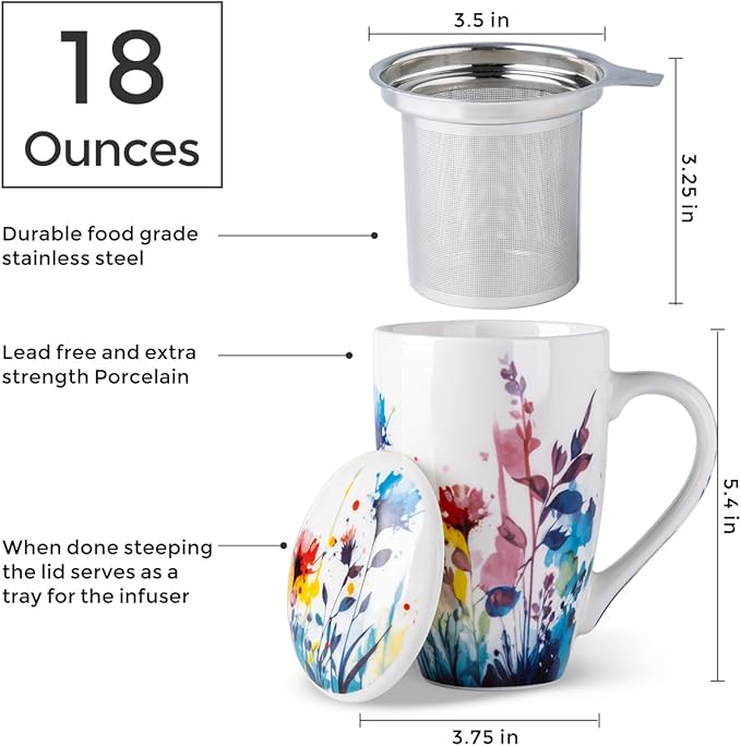 AmorArc Porcelain Tea Mug with Infuser and Lid, 18 Oz Tea Cup with Handle for Loose Leaf Tea, Gift for Tea Lovers of Men and Women
