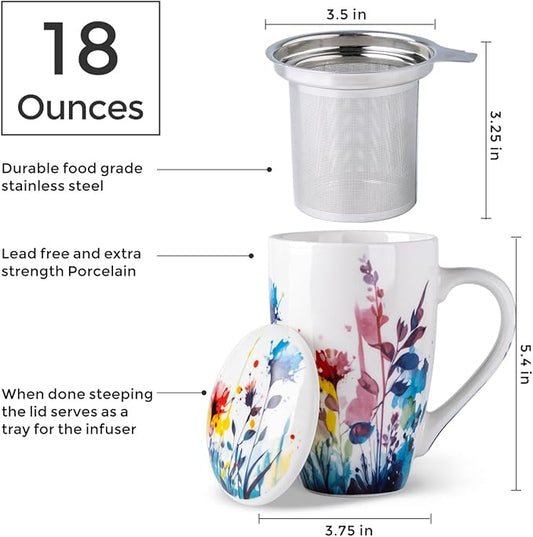 AmorArc Porcelain Tea Mug with Infuser and Lid, 18 Oz Tea Cup with Handle for Loose Leaf Tea, Gift for Tea Lovers of Men and Women