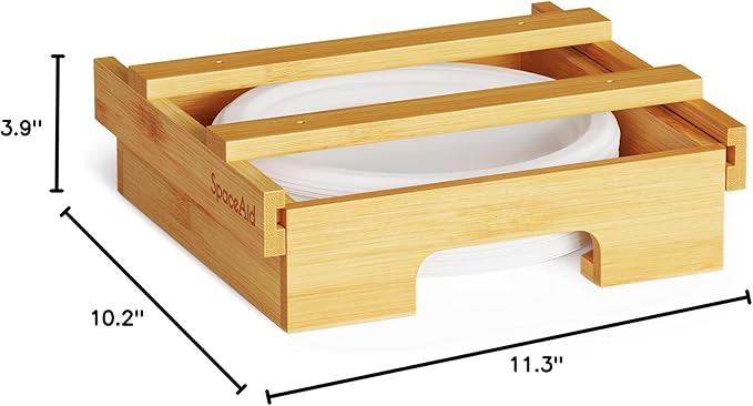 SpaceAid 9-inch Paper Plate Dispenser, Under Cabinet Bamboo Plates Holder, Kitchen Counter Vertical Dipensers Holders Countertop Caddy, Bamboo