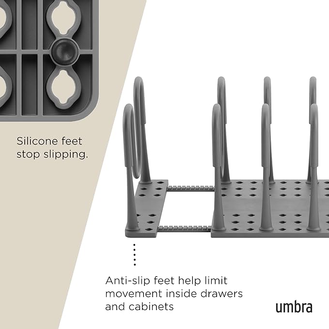Umbra Peggy Kitchen Drawer Cupboard Organizer Tray - Adjustable Storage System For Food Containers, Cookware, Serveware, Utensils and More, Grey (Pack of 6)