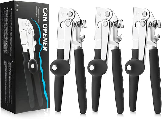 3Pcs Commercial Can Opener Stainless Steel Handheld Can Opener Smooth Edge with Easy Crank Handle Black Swing Grips for Bulk Cans and All Size Cans