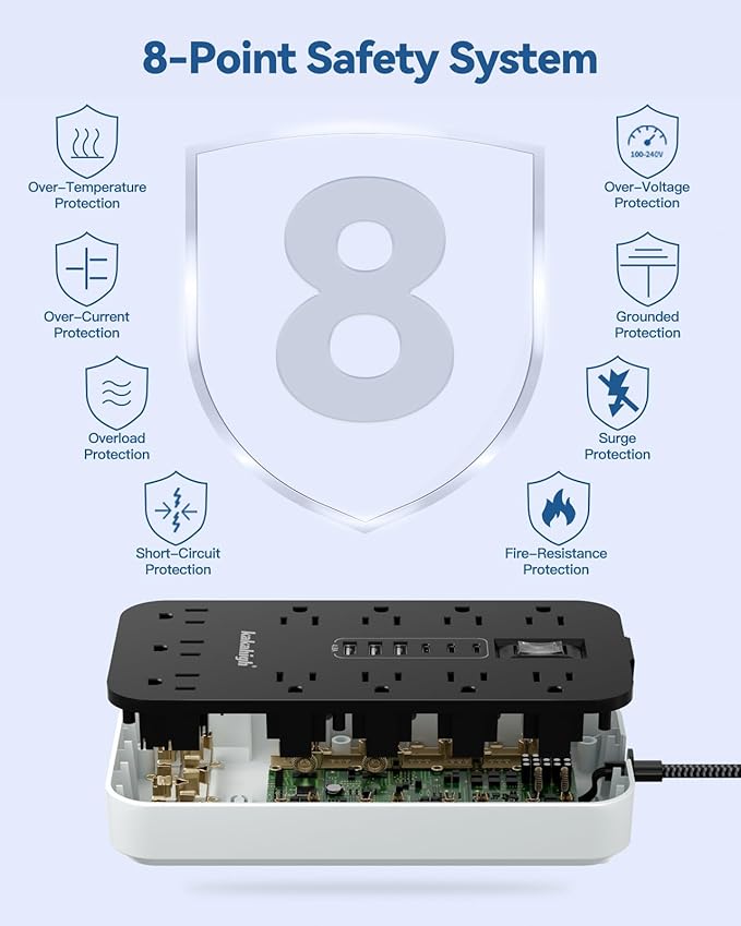 10FT Extension Cord with USB Ports- Power Strip with USB, 1625W Multi Outlet with 11 AC Outlet 6 USB (24W/4.8A), Charging Station for Multiple Devices, for Home, Office, Dorm, Gaming Room Essentials