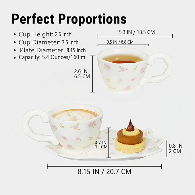 Unique Ceramic Coffee Mug, Cup and Saucer Set, Cute Fancy Girly Afternoon Tea Set Purse Gift, 5.4 oz/160 ml, Pink flowers Set of 2