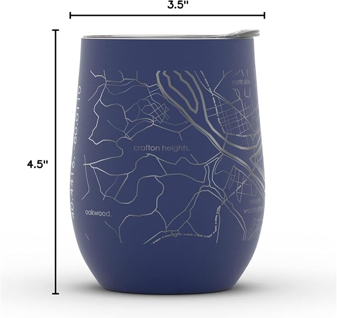 Well Told Engraved Pittsburgh Pennsylvania Map Insulated Wine Tumbler, Etched Stainless Steel Cup (12 oz, Midnight Blue) City Map Insulated Tumbler, Custom Insulated Tumbler, Outdoor Drinkware