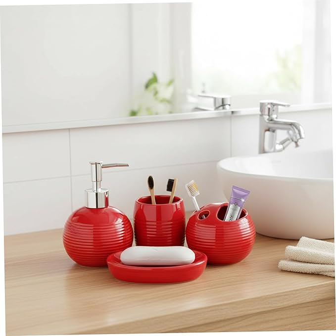 4Pcs Red Bathroom Accessories, Modern Ceramic Bathroom Accessories Set Includes Soap Dispenser, Toothbrush Holder, Tumbler and Soap Dish for Home Apartment, Red Toothbrush Holder
