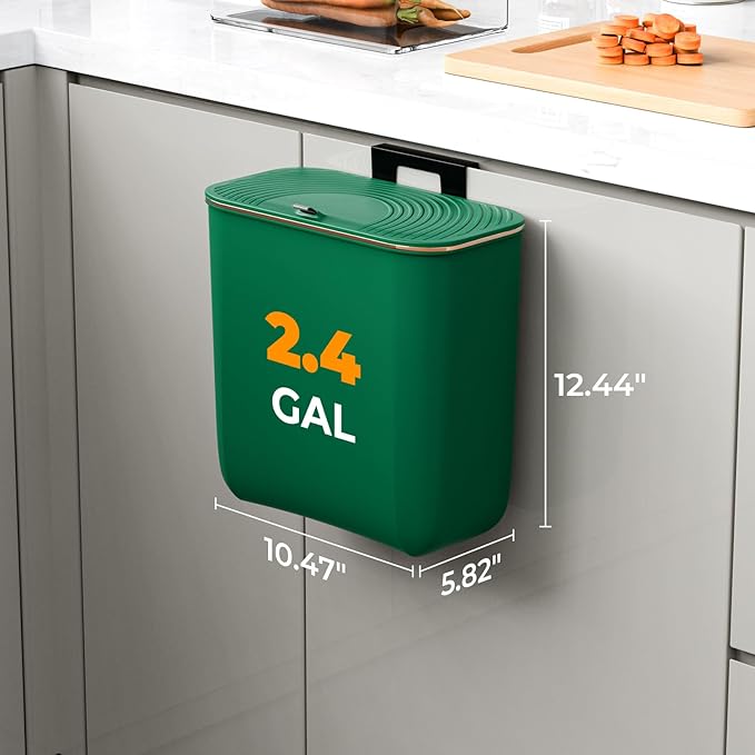 2.4 Gallon Hanging Trash Can - Small Under Sink Trash Can with Lid, Wall Mounted Compost Bin for Kitchen Cupboard Countertop, Odor-Control, Extended Clamping Ring, PET Material, Green