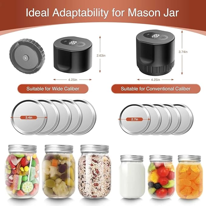 Electric Mason Jar Vacuum Sealer Kit, Portable, Automatic Start Stop, Wide Mouth and Regular Lid, Opener and Lids Included, for Canning Sealing Preserving Jars, Pickling, Jams Food Storage (Black)