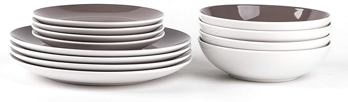 Stoneware Coupe Shape 12pc Dinnerware Set, Outside White + Inside Taupe