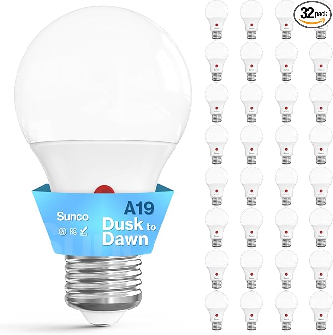 Sunco 32 Pack Dusk to Dawn LED Outdoor Light Bulb A19, Photocell Automatic for Exterior Lighting, 800 LM, 9W (60W Eqv.), 6000K Daylight Deluxe, Auto On/Off Sensor, IP65 Rated UL