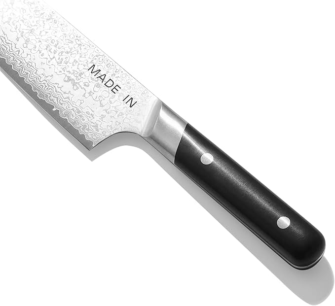 Made In Cookware - 6" Japanese Damascus Steel Santoku Knife - 66 Layers of Damascus Steel with a VG-10 Core - Crafted in Japan - Full Tang With Black POM Handle