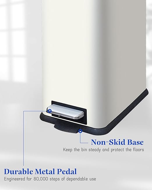 Bathroom Trash Can, 10L/2.6 Gallon Trash Can with Lid, Stainless Steel Garbage Can with Removable Liner Bucket, Soft Close Lid, Rectangle Trash Bin for Office, Kitchen, Bedroom, White