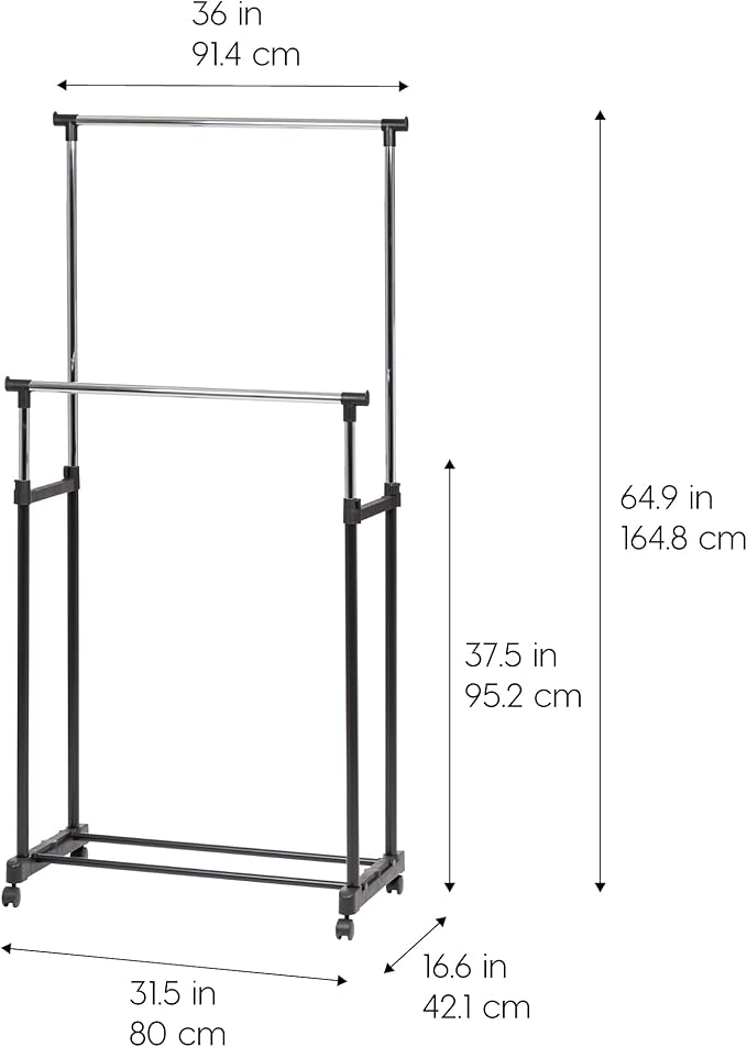 IRIS USA Clothes Rack, Portable Double-Rod Height Adjustable with Lockable Wheels, Rolling Garment Rack, Double Rod Wardrobe Rack, Easy Assemble, for Clothes, Belts, Shoes, and Bags