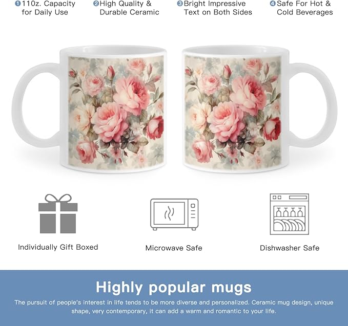 Coffee Mugs Ceramic Latte Mug with Handle Vintage Rose Pattern 11 OZ for Men Women for Latte Cappuccino Cocoa Milk Dishwasher & Microwave Safe